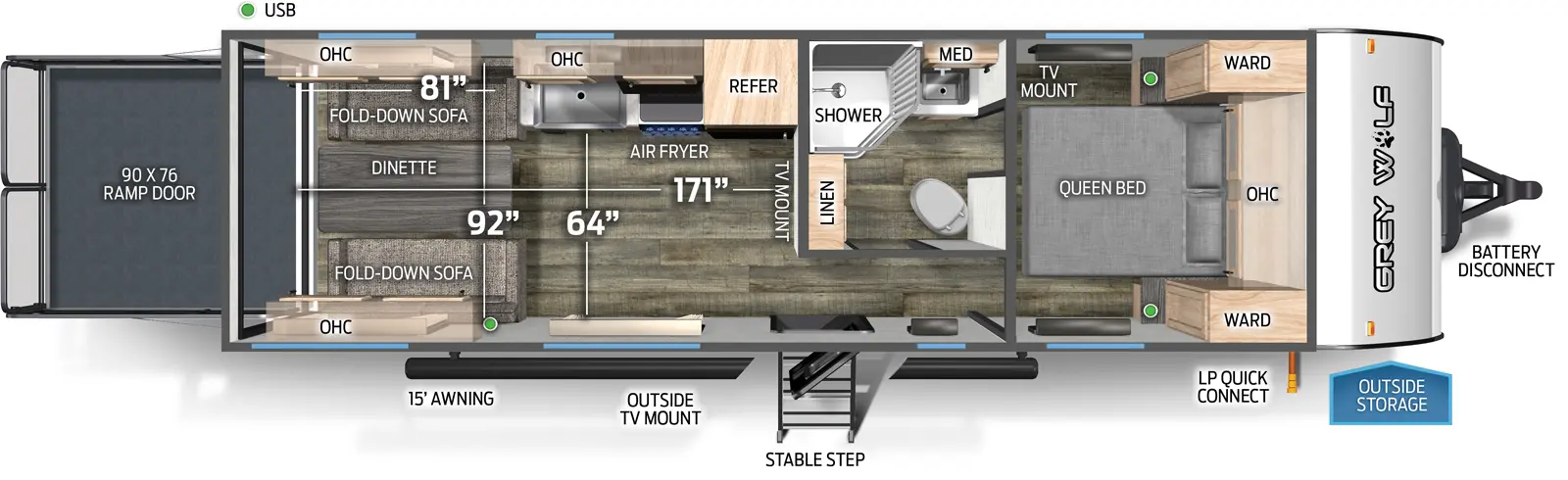The 25RRT has no slide outs, a rear ramp door, and one entry door. Exterior features include 15 foot awning, outside TV mount, mid stable step entry, LP quick connect, outside storage, and battery disconnect. Interior layout front to back: queen bed with overhead cabinet, wardrobes on either side, and TV mount; off-door side aisle pass through full bathroom with linen closet and medicine cabinet; off-door side refrigerator, air fryer, overhead cabinets, and kitchen countertop with sink; rear opposing wall fold down sofas with overhead cabinets, and dinette table. Cargo area measurements: 171 inches from the rear of the trailer to the bathroom wall; 64 inches from the kitchen countertop to the door side wall; 92 inches from off-door side wall to door side wall; 81 inches from rear of trailer to the kitchen countertop; 90 inch by 76 inch rear ramp door.